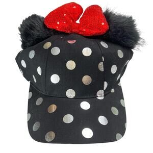 NWT Disney Parks Minnie Ears Cap Adult Adjustable Pom Pom Polka Dot Black Hat